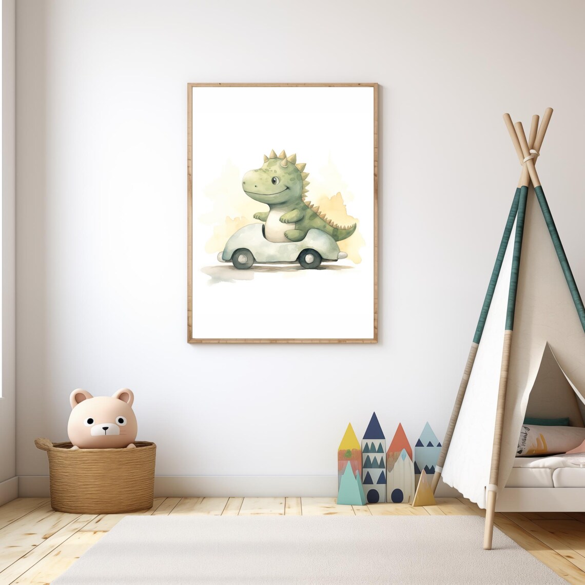 Baby Dinosaur Riding Blue Toy Car Cute Watercolor Nursery Wall Art - Image 3