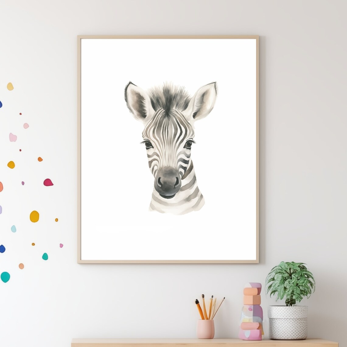 Sweet Zebra Head Watercolor Portrait White Safari Nursery Wall Art
