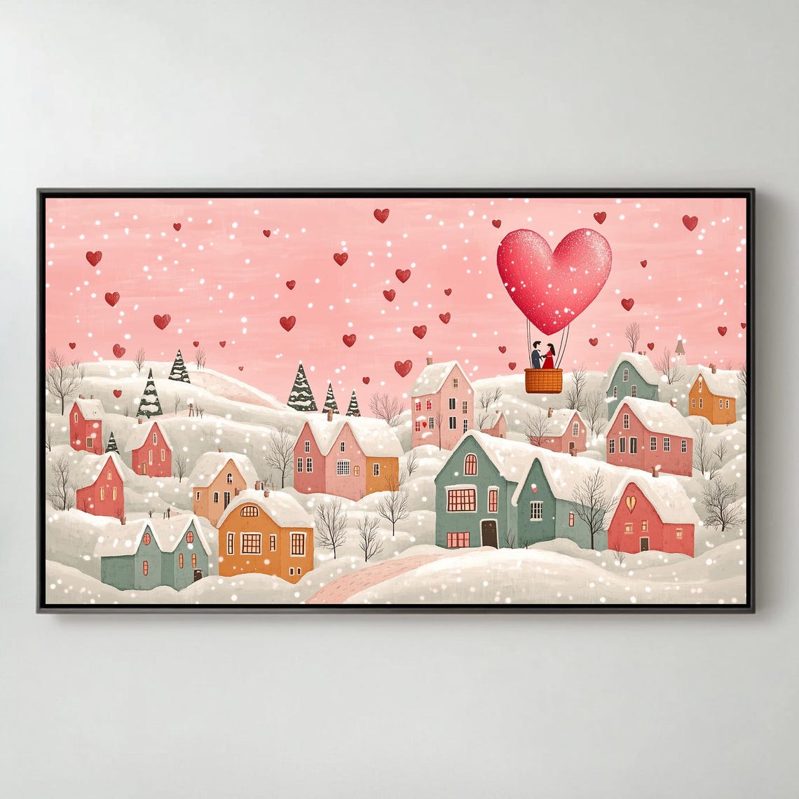 Couple In Heart Hot Air Balloon Over Snowy Village Romantic Poster