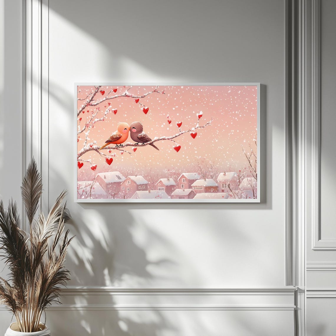 Lovebirds On Snowy Branch Over Village Floating Hearts Wall Art - Image 4