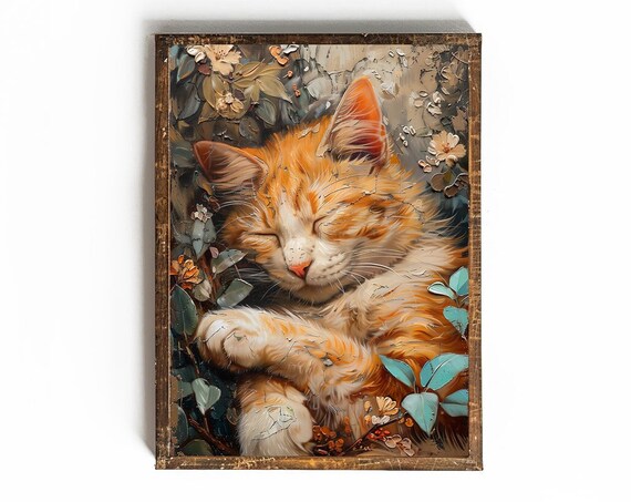 Sleeping Orange Tabby Curled Among Blossoms Cozy Cat Art Poster