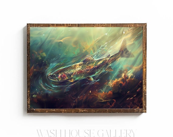 Rainbow Trout Print Fishing Wall Art For Cabin Rustic Decor For Cabin Wall Art Trout Painting Gift For Fisherman Dad Gift Fly Fishing Print