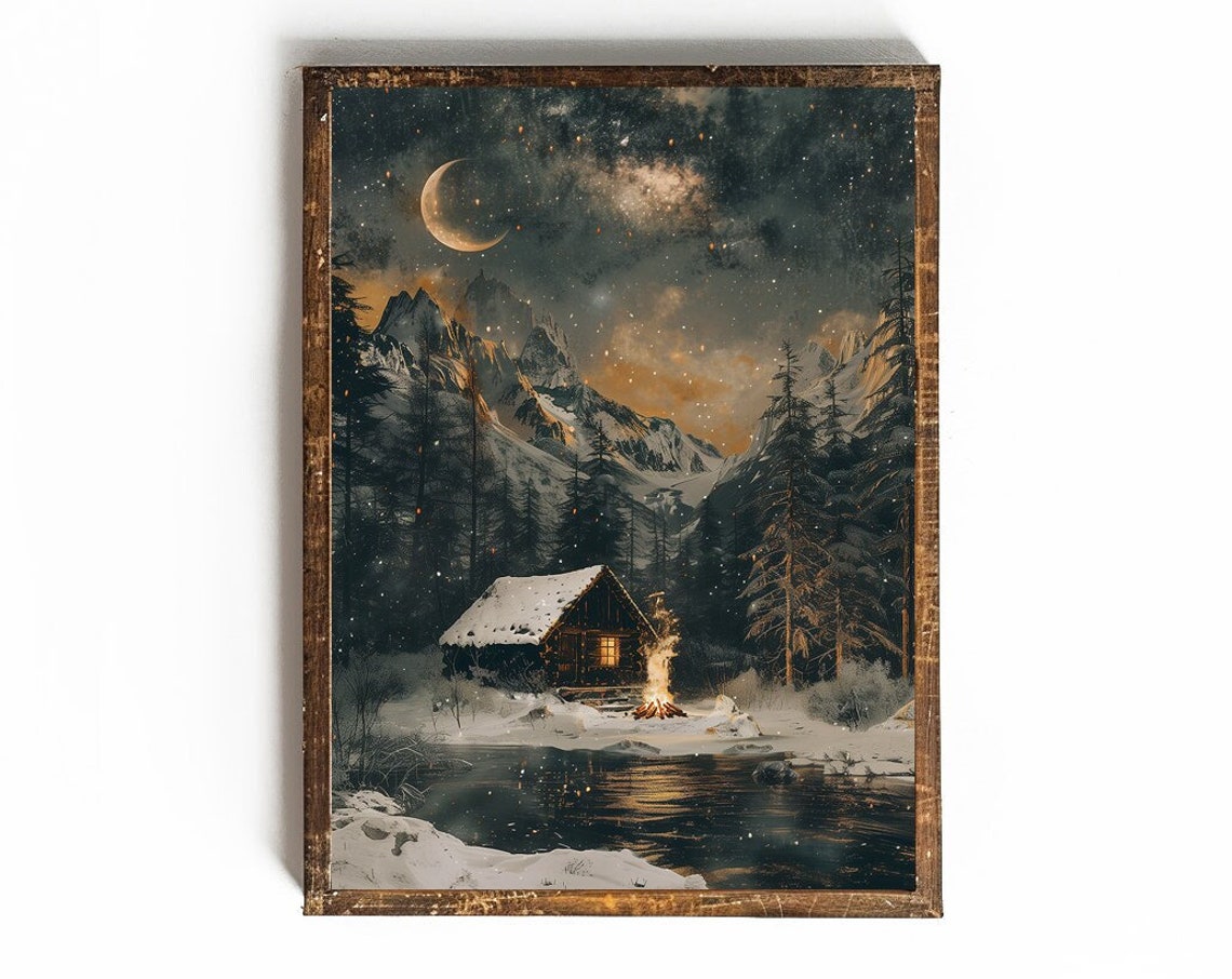 Snowy Cabin Under Starry Night Sky Winter Moonlight Scene Poster