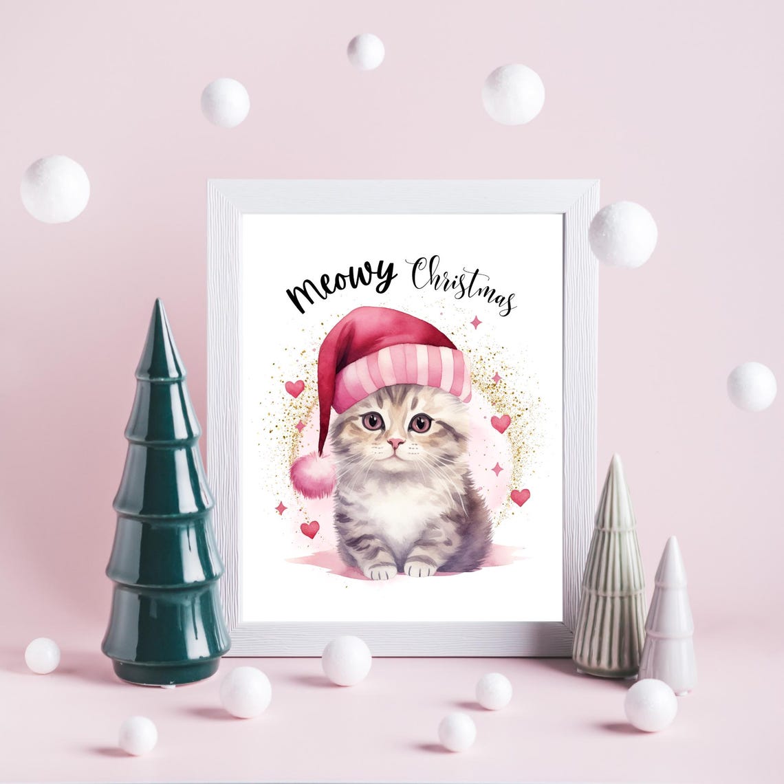 Meowy Christmas Kitten Pink Santa Hat Cute Cat Holiday Print Art - Image 2