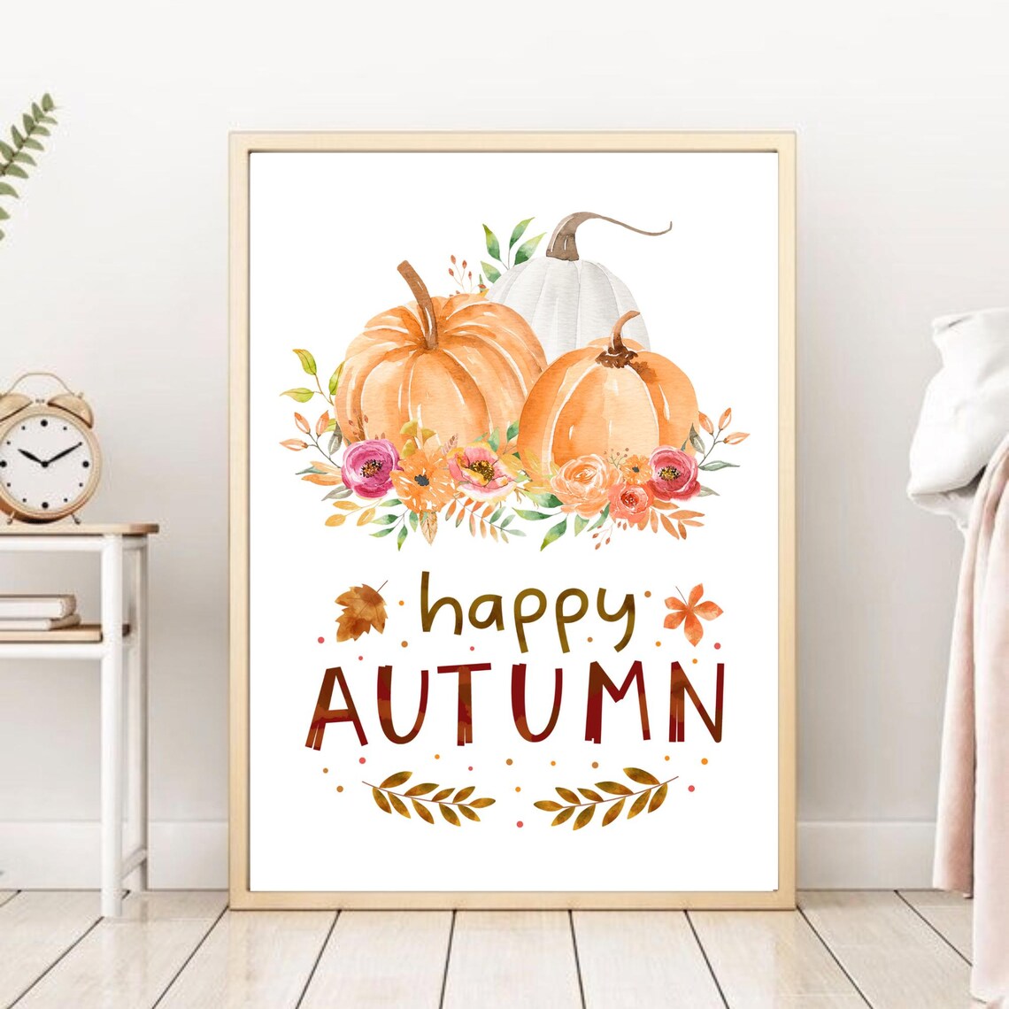 Happy Autumn Watercolor Pumpkins With Fall Florals Seasonal Art Poster - Image 2