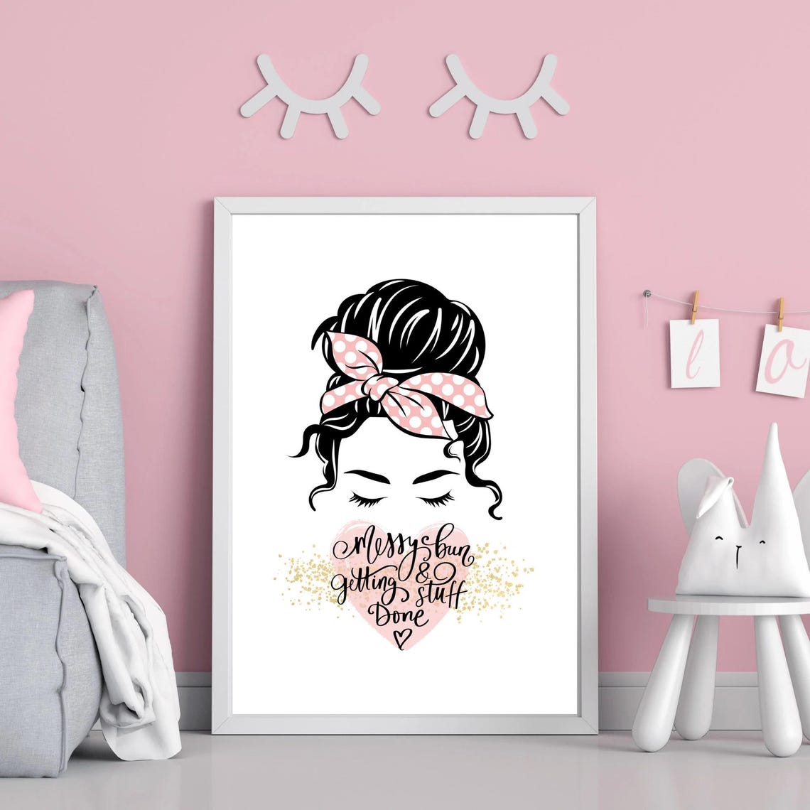 Messy Bun Getting Stuff Done Girly Quote Poster Pink Polka Dot Bow Art - Image 2