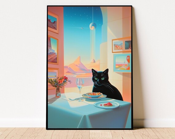 Elegant Black Cat Dining At A Table In A Surreal Art Style Poster