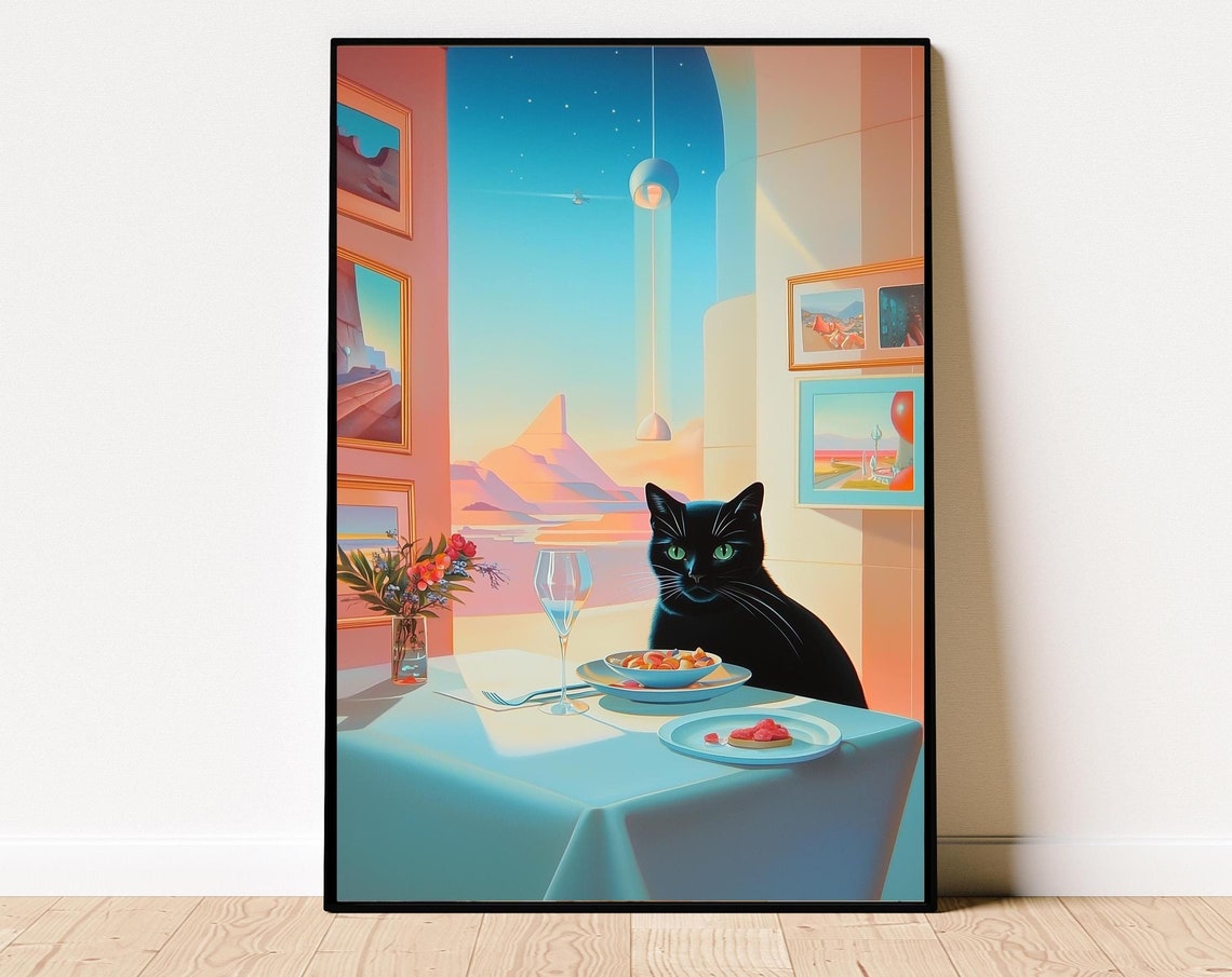 Elegant Black Cat Dining At A Table In A Surreal Art Style Poster