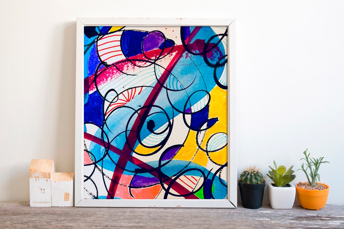 Bold Black Loops Over Blue and Yellow Abstract Ink Art Poster
