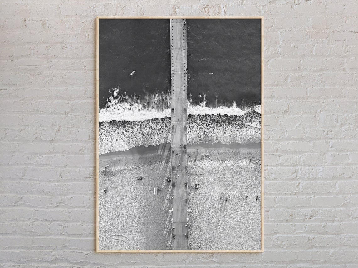 Hermosa Beach Pier Aerial Ocean Waves Black White Surf Poster