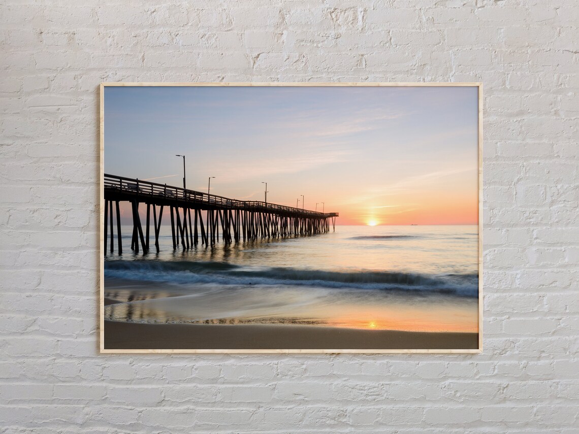 Virginia Beach Wooden Pier Serene Golden Sunset Ocean Photo Poster