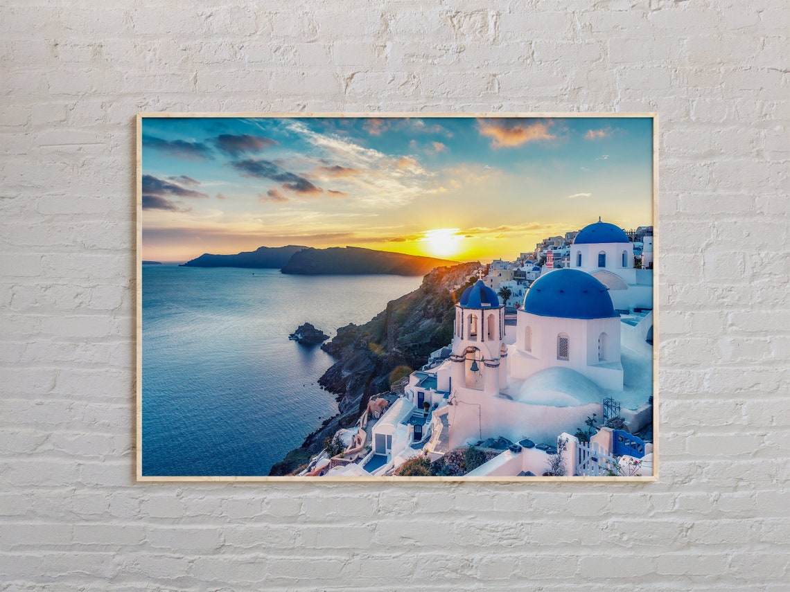 Santorini Blue Domed Churches Sunset Greece Photography Poster
