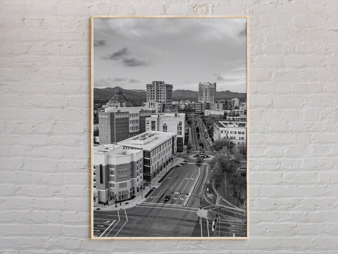 Black And White City Aerial View Mountain Skyline Photo Poster