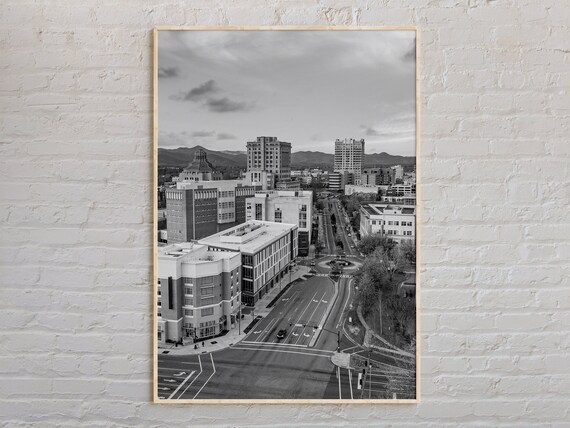 Black And White City Aerial View Mountain Skyline Photo Poster