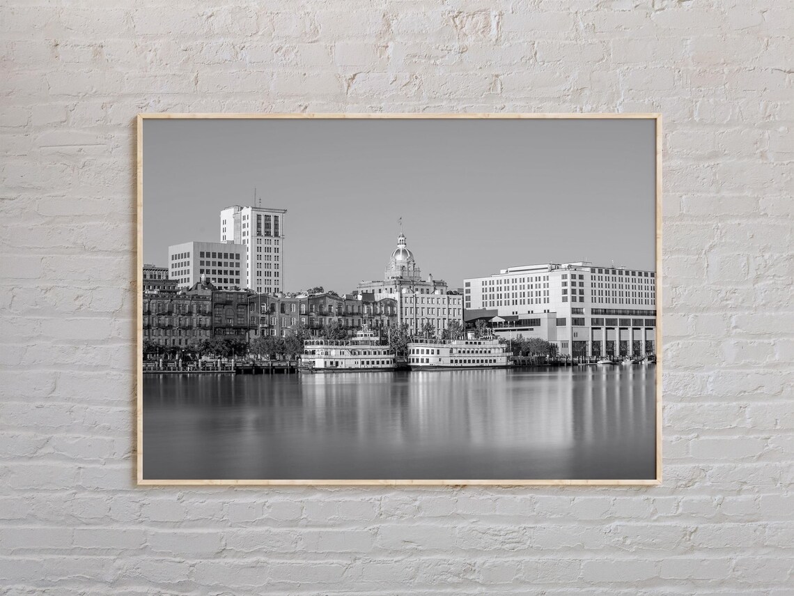 Savannah Riverfront Riverboats and Domed Building Black White Poster