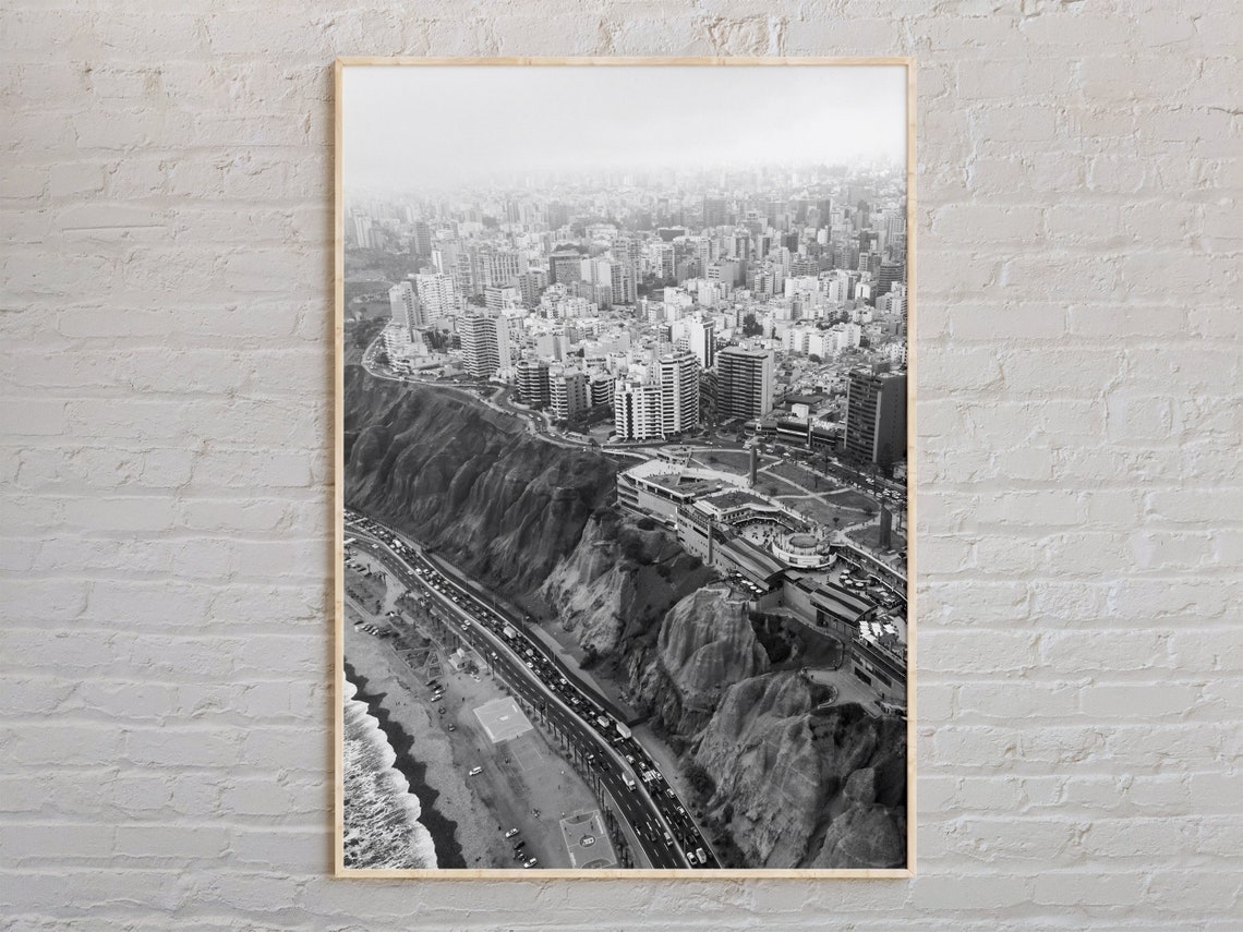 Lima Peru Coastal City Cliffs Black White Aerial Photo Poster