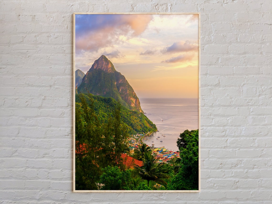 Saint Lucia Pitons Caribbean Peaks Sunset Coastal Town Photo Poster