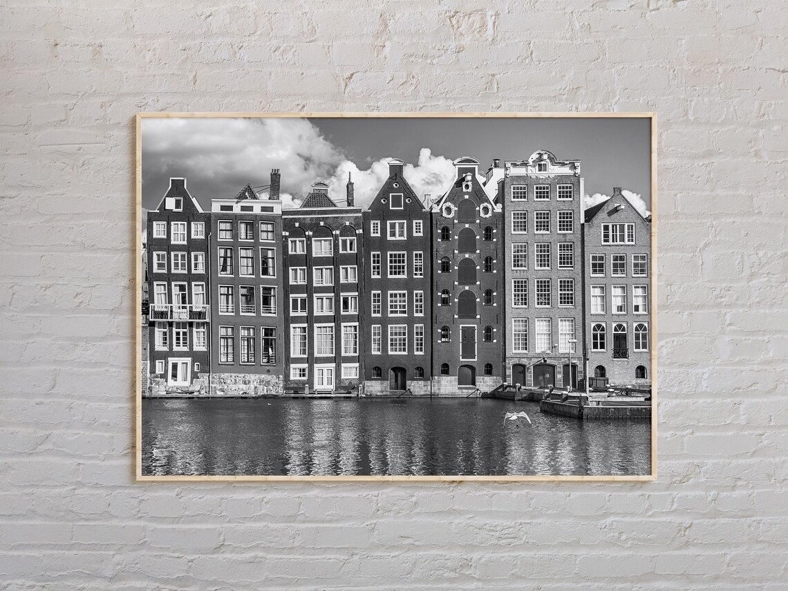 Amsterdam Black And White Canal Houses Skyline Photography Poster
