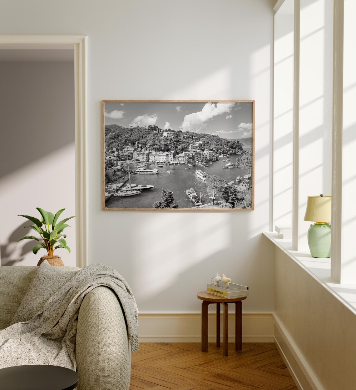 Portofino Harbor Boats and Hillside Town Black and White Poster - Image 5