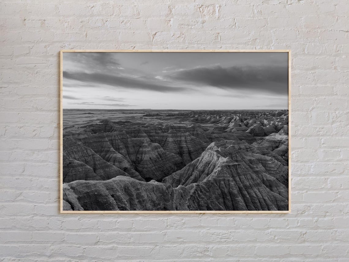 South Dakota Badlands Eroded Rock Formations Black and White Poster