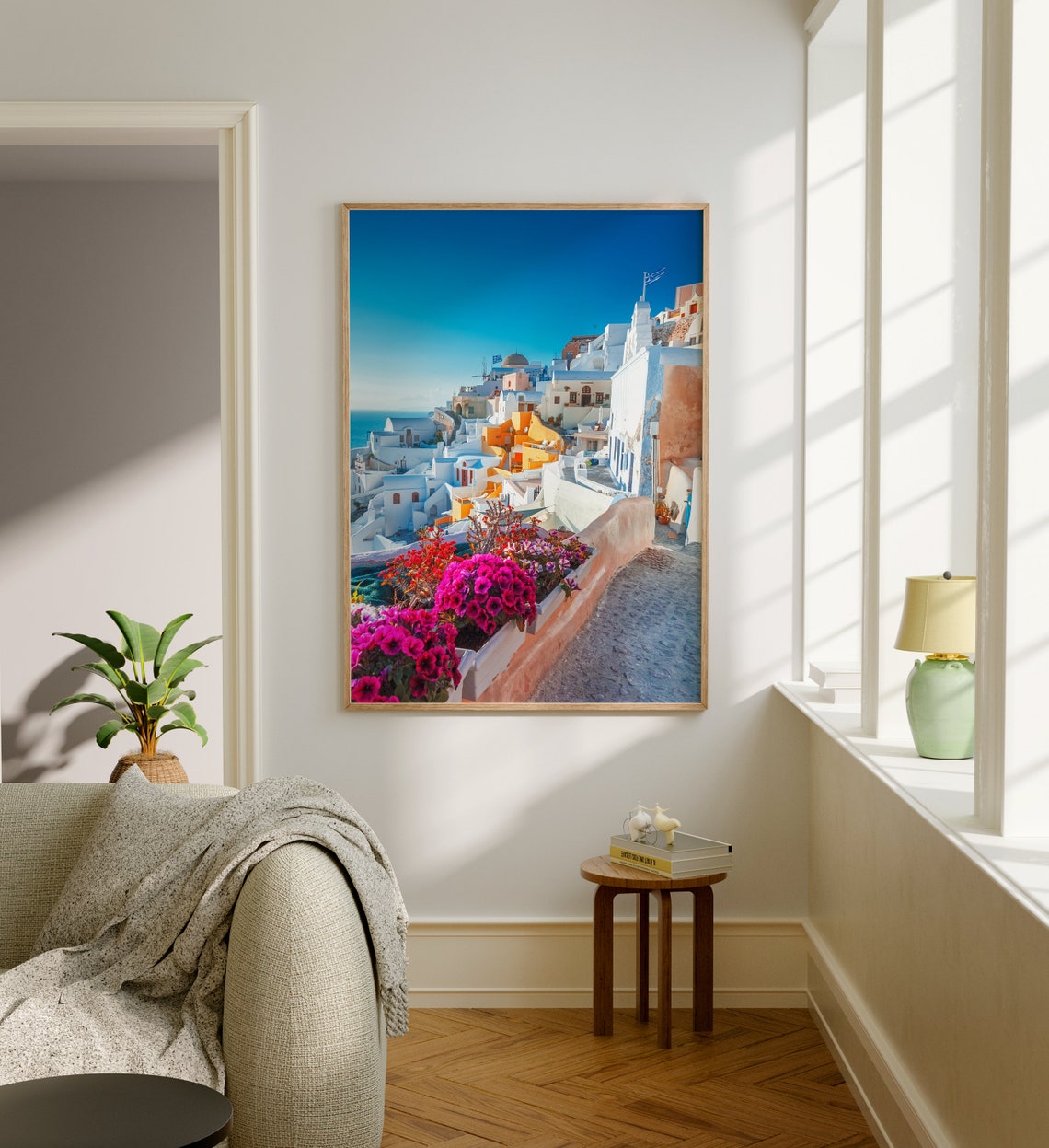 Santorini Oia Whitewashed Alley with Pink Bougainvillea Poster - Image 5