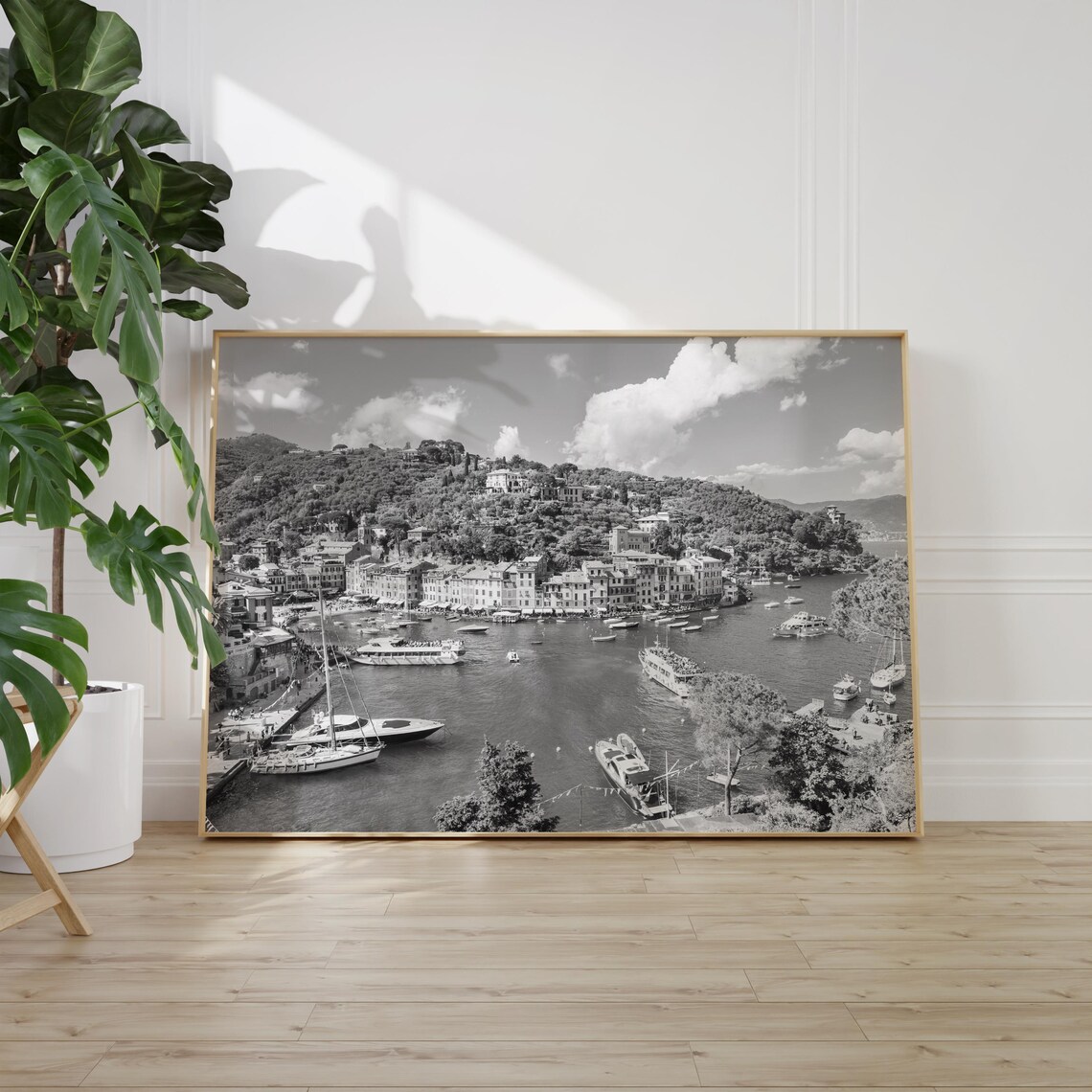 Portofino Harbor Boats and Hillside Town Black and White Poster - Image 2