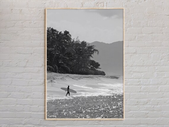 Surfer Walking Into Ocean Palms Black White Hawaii Beach Poster