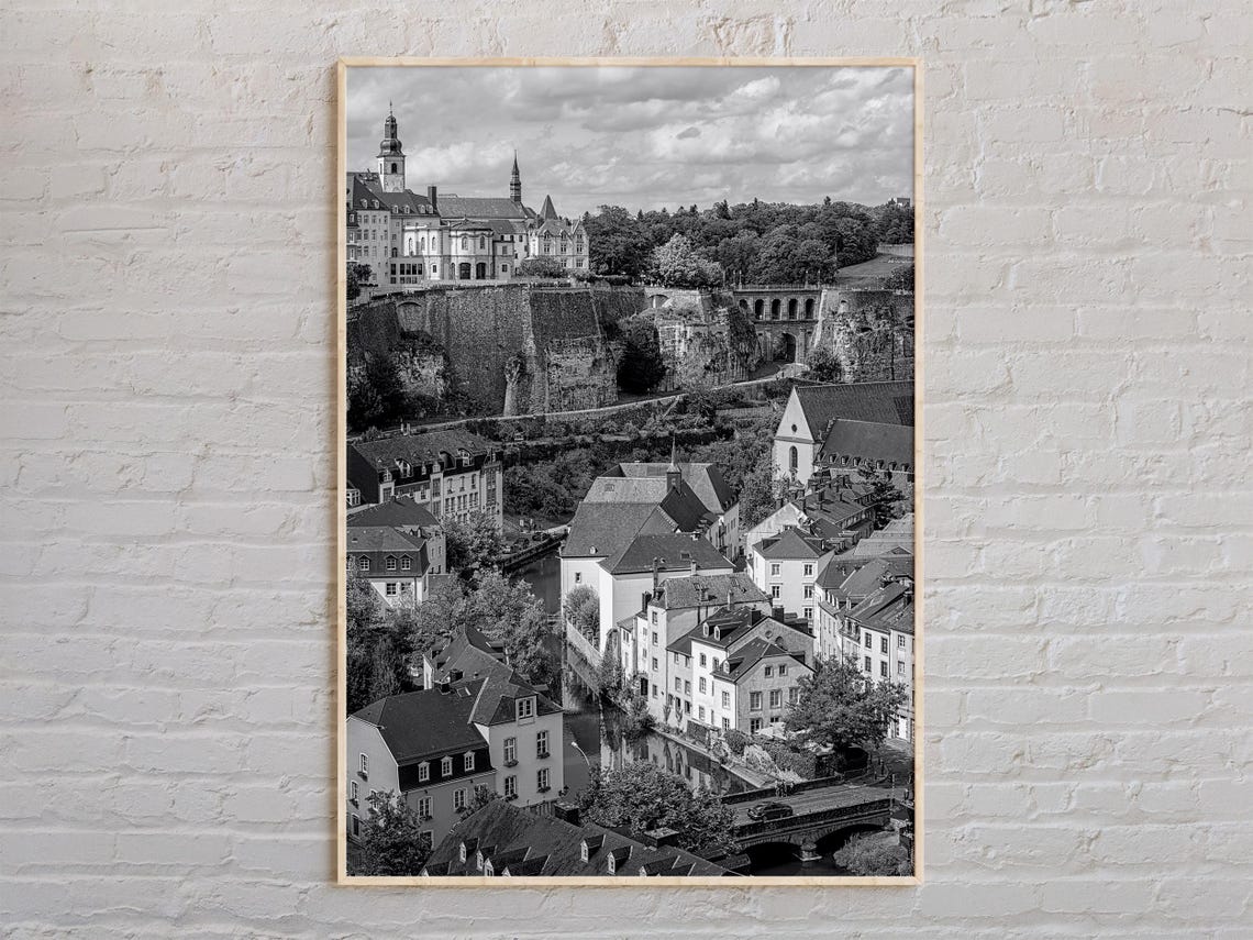 Luxembourg City Old Town Cliffs Black White Vintage Landscape Poster