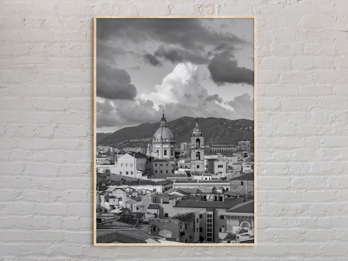 Palermo Sicily Cathedral Rooftops Black And White Photo Poster