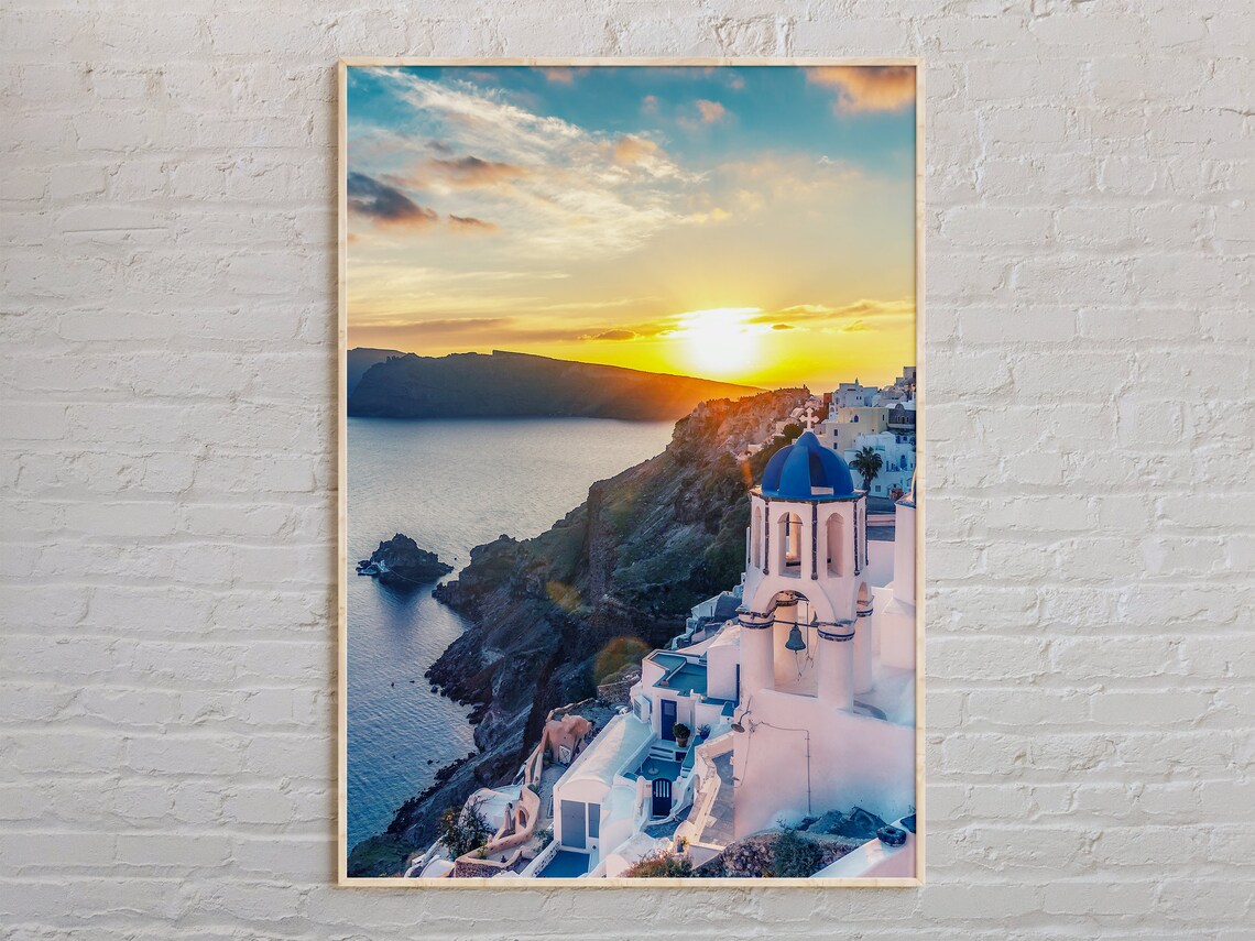 Santorini Greece Blue Dome Church Sunset over the Caldera Poster
