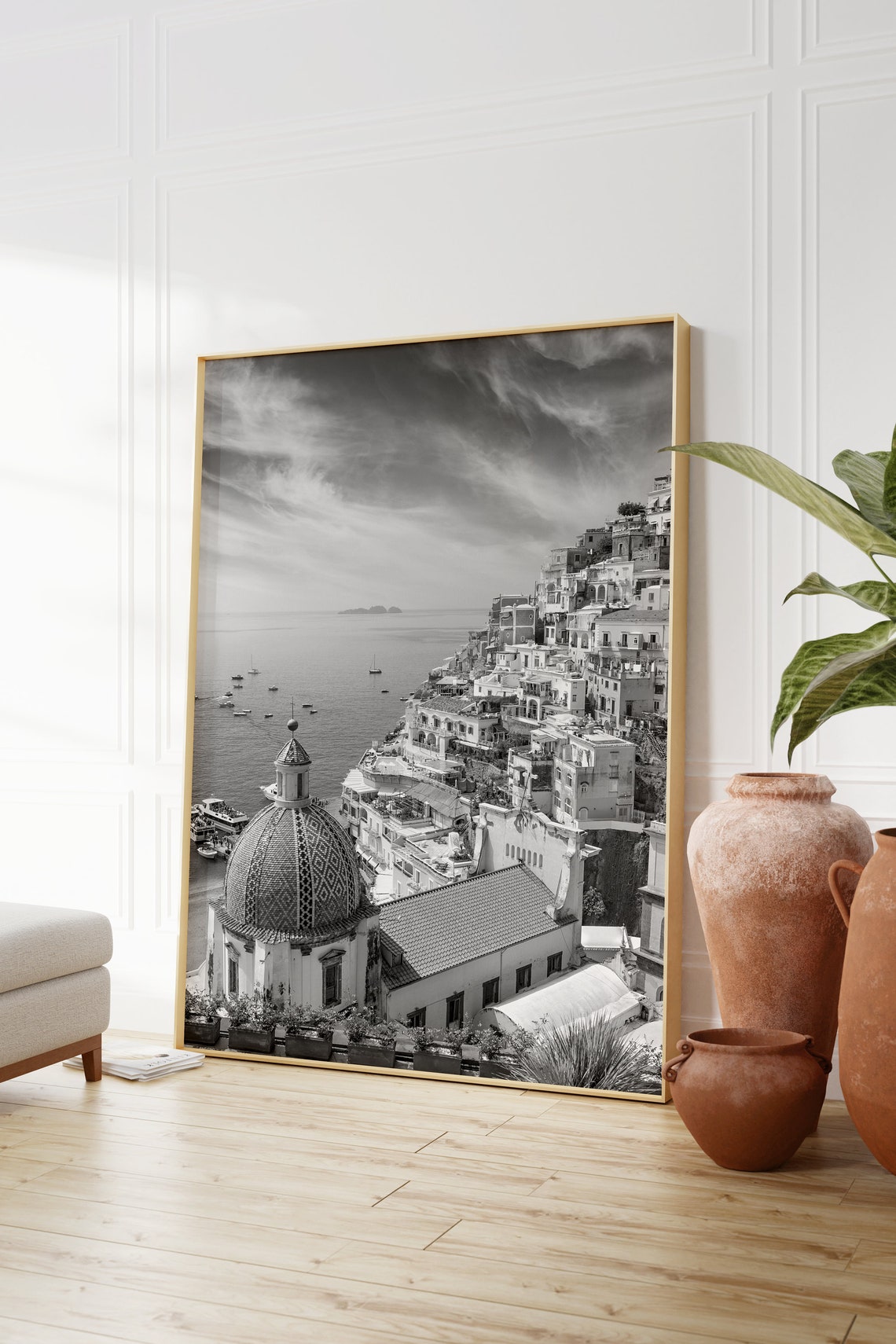 Positano Amalfi Coast Italy Black and White Coastal Town Photo Poster - Image 2