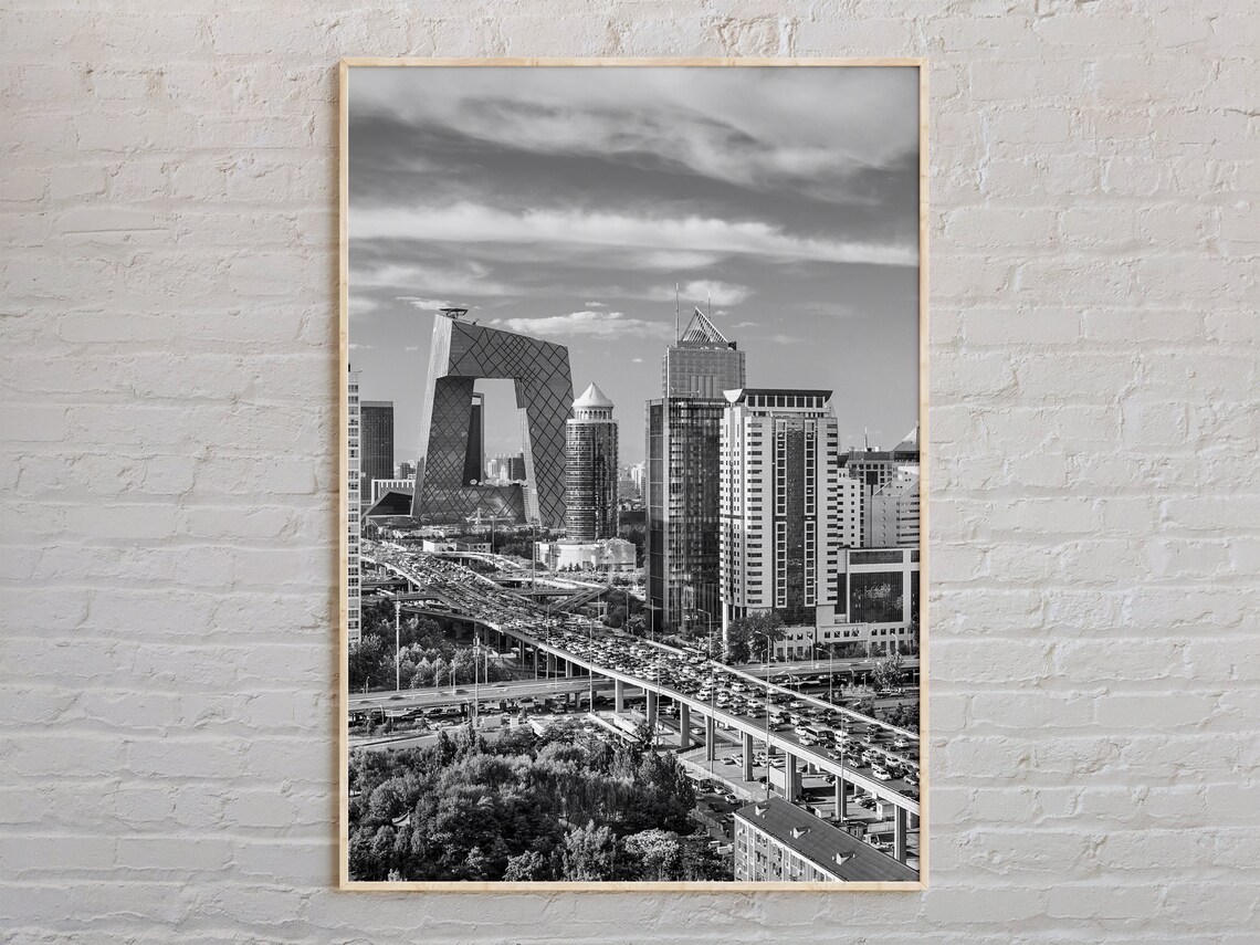 Black And White Beijing Skyline CCTV Tower City Photo Poster