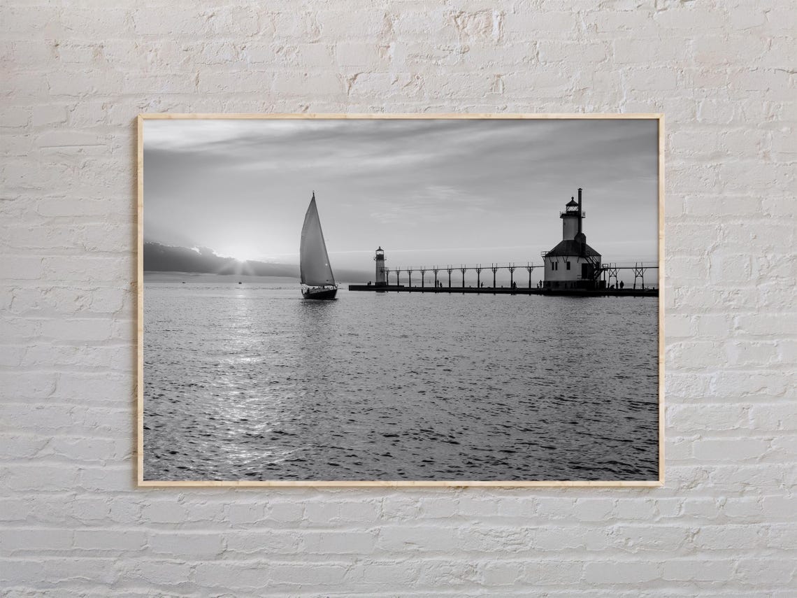 Lake Michigan Sailboat Sunrise Black And White Pier Photo Poster