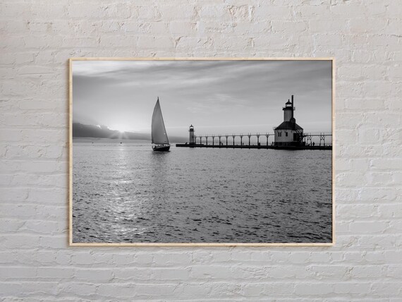 Lake Michigan Sailboat Sunrise Black And White Pier Photo Poster