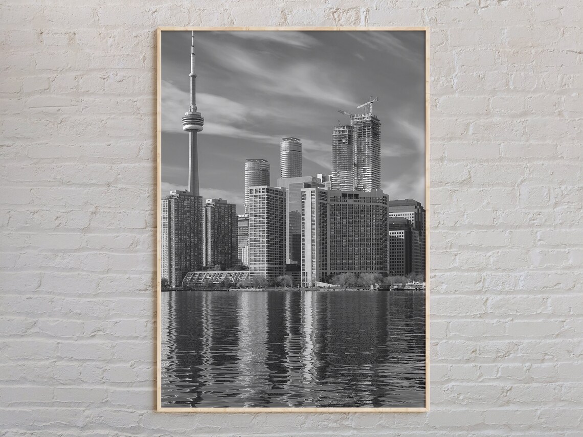 Black And White Toronto Canada CN Tower Waterfront Skyline Photo Poster