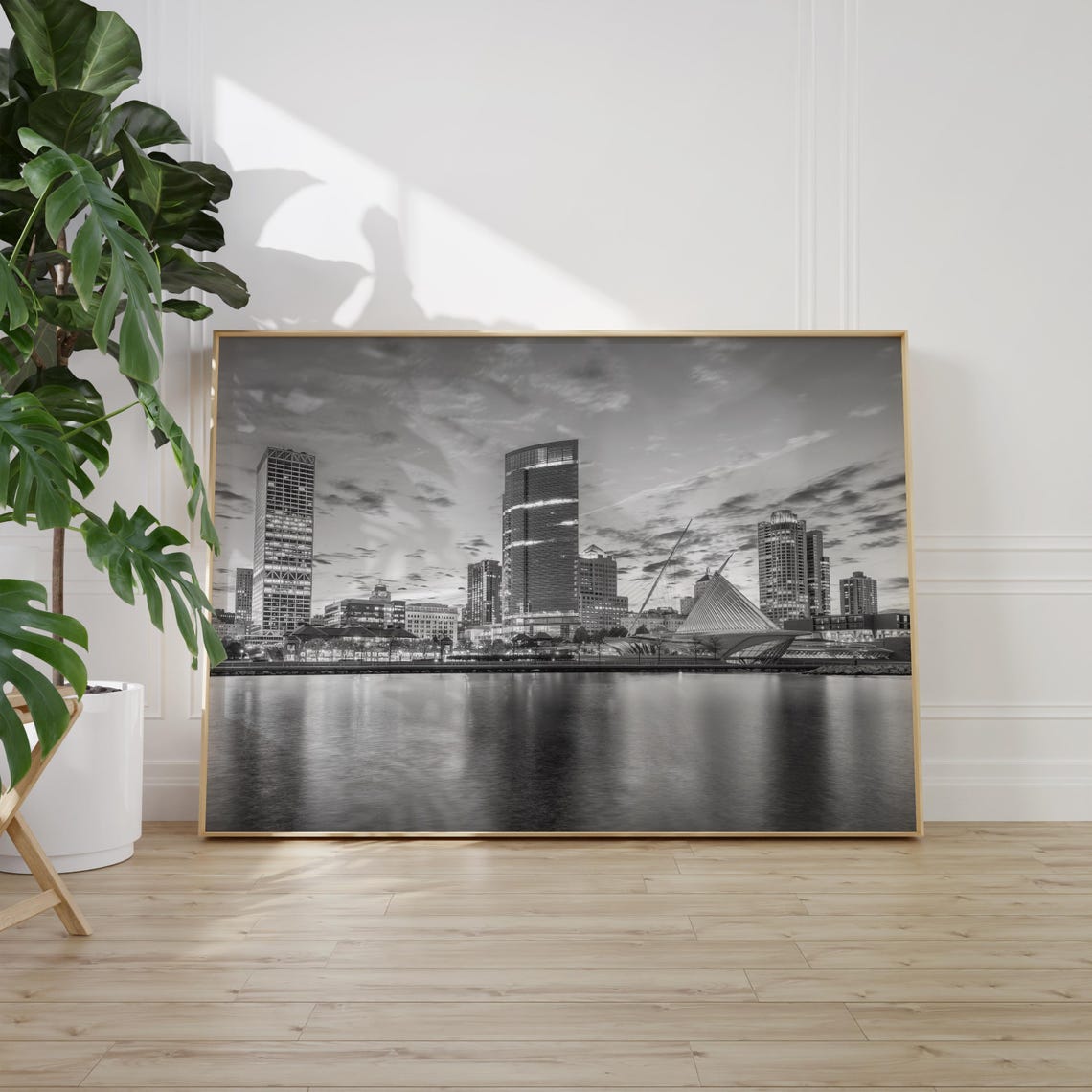 Milwaukee Lakefront Skyline Black and White Art Museum Dusk Poster - Image 2