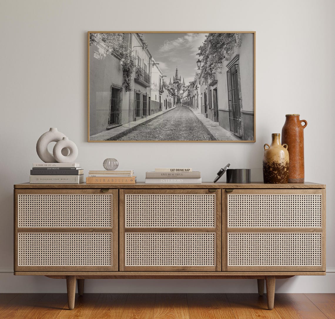 San Miguel de Allende Cobblestone Street Black and White Poster - Image 4