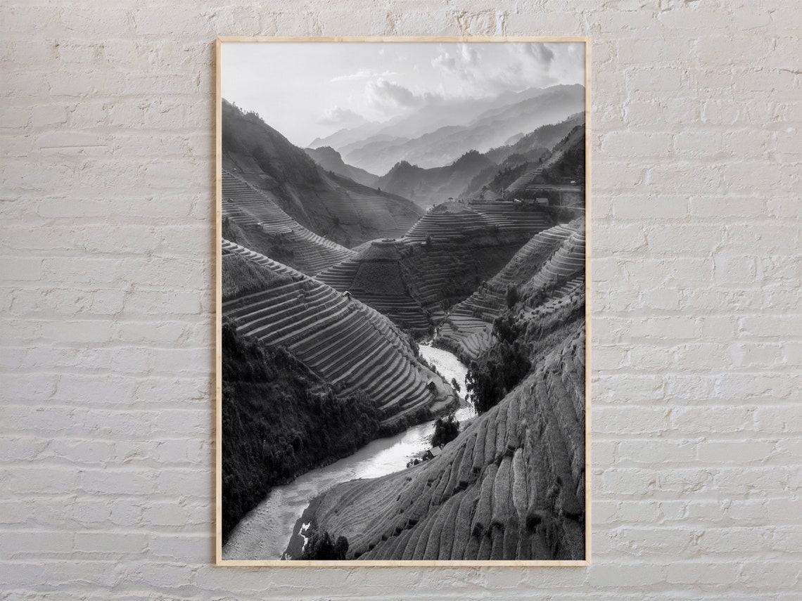 Terraced Rice Fields Misty Mountains Black and White Photo Poster