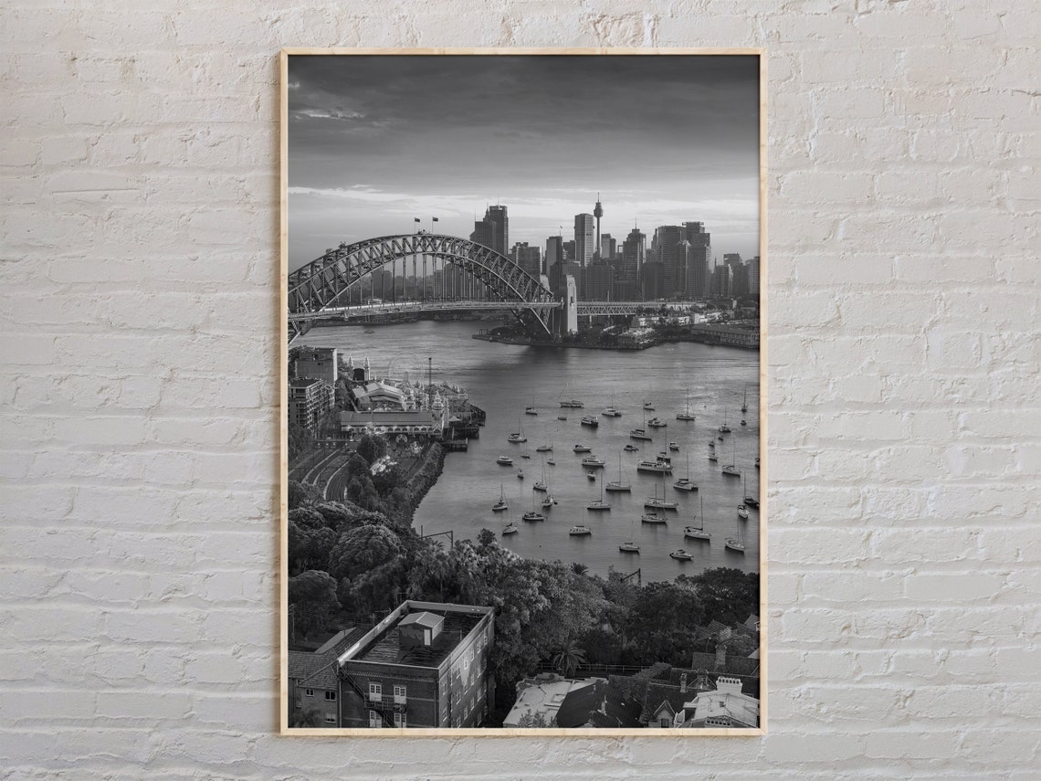Black And White Sydney Australia Harbour Bridge Skyline Photo Poster