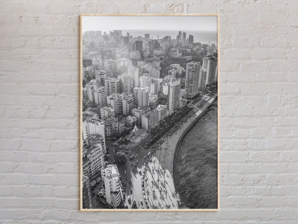 Beirut Corniche Aerial Black And White Coastal City Photo Poster