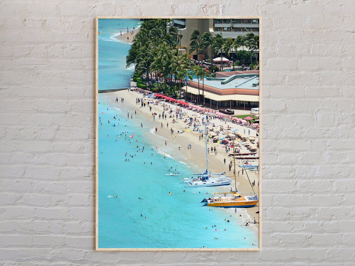 Oahu Hawaii Waikiki Beach Aerial Crowd Palms Ocean Scenic Poster