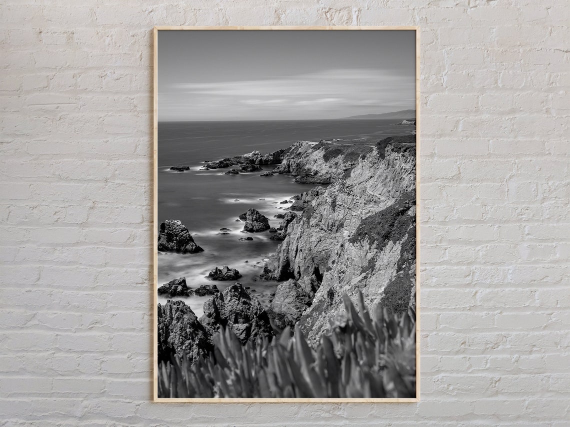Bodega Bay Rocky Cliffs Black and White Dramatic Coastline Poster
