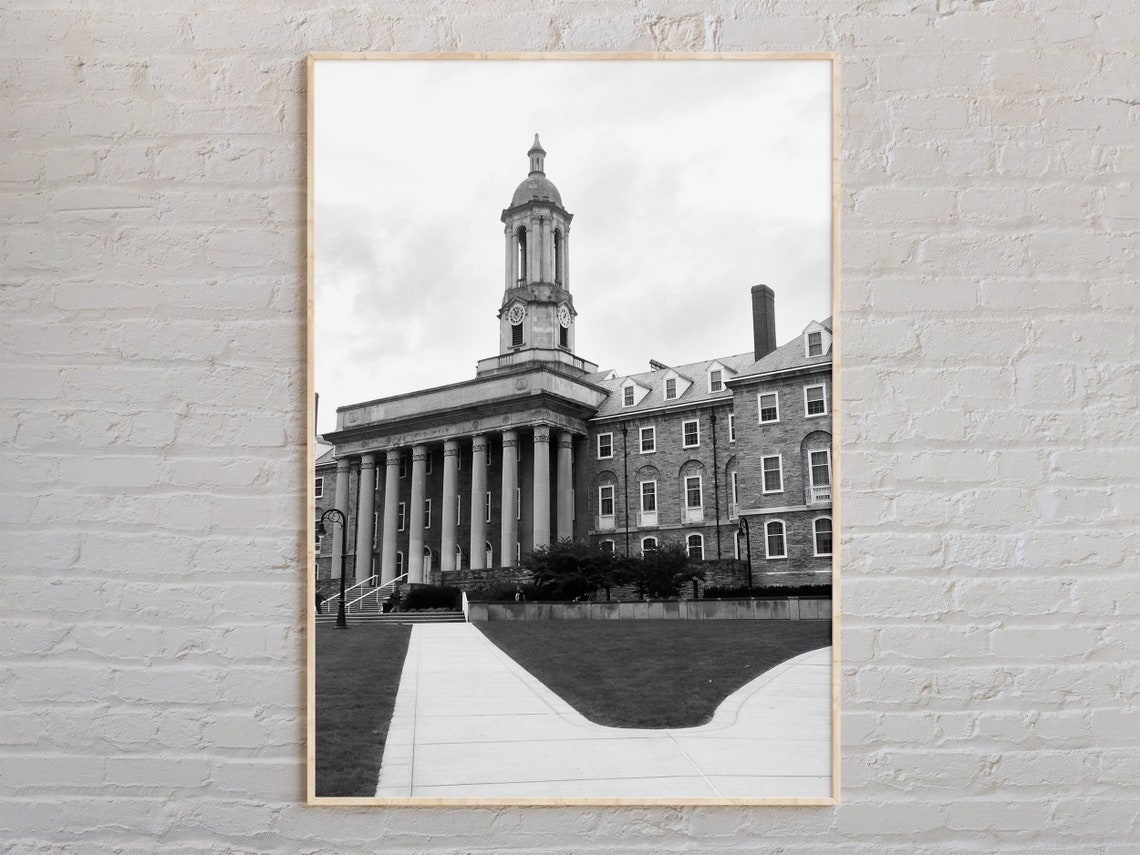 State College Old Main Columned Building Black and White Poster