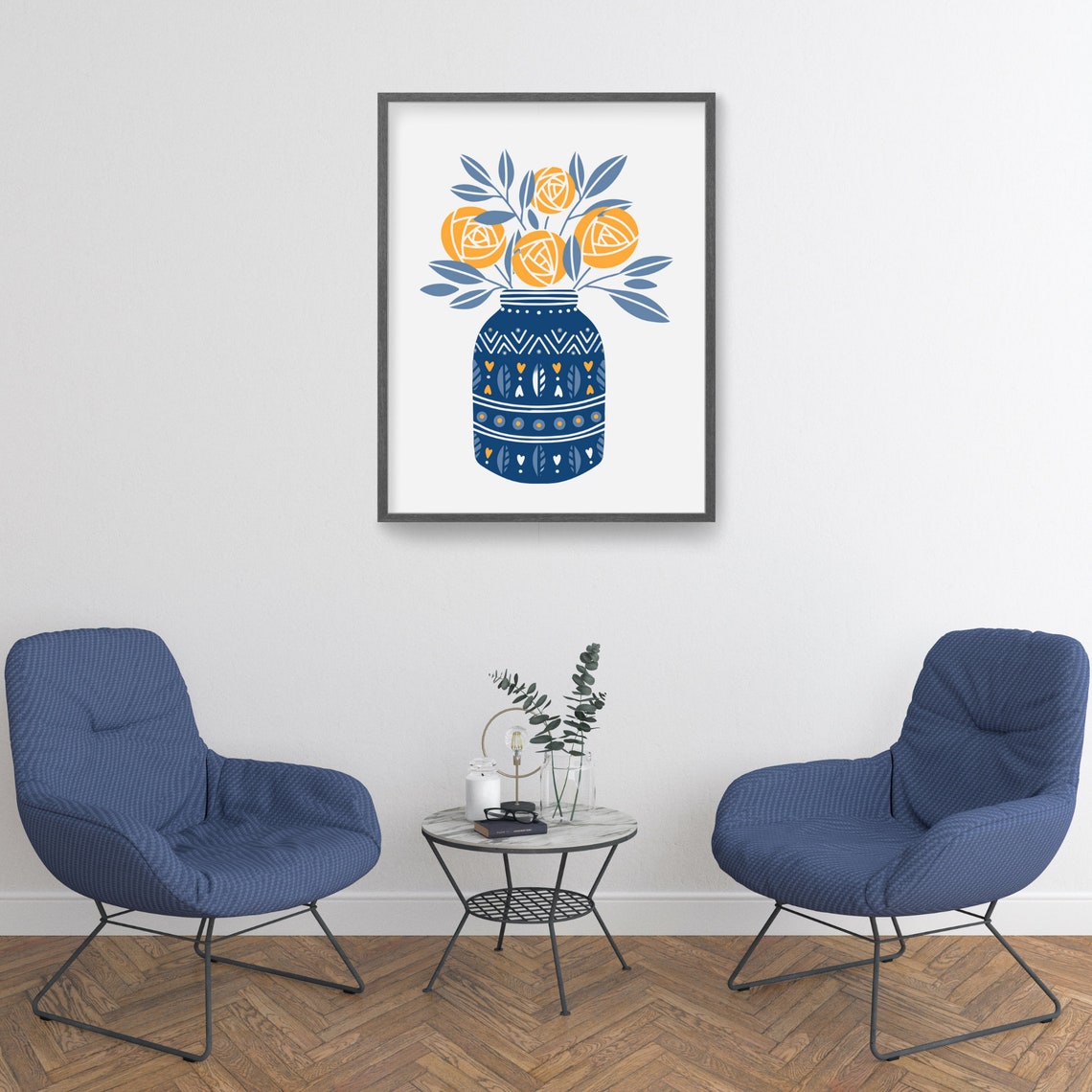 Scandinavian Folk Art Norwegian Swedish Polish Watercolor Flowers Blue Butter Yellow Home Decor Gift Unique Whimsical Women Teen Girl