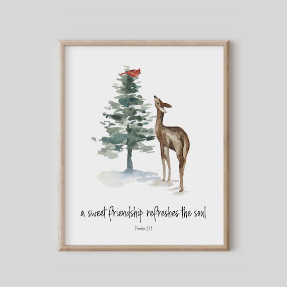 Proverbs 27:9 Sweet Friendship Deer Cardinal Pine Watercolor Poster