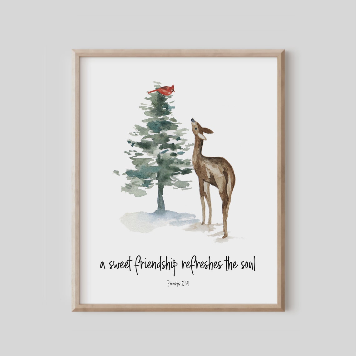 Proverbs 27:9 Sweet Friendship Deer Cardinal Pine Watercolor Poster