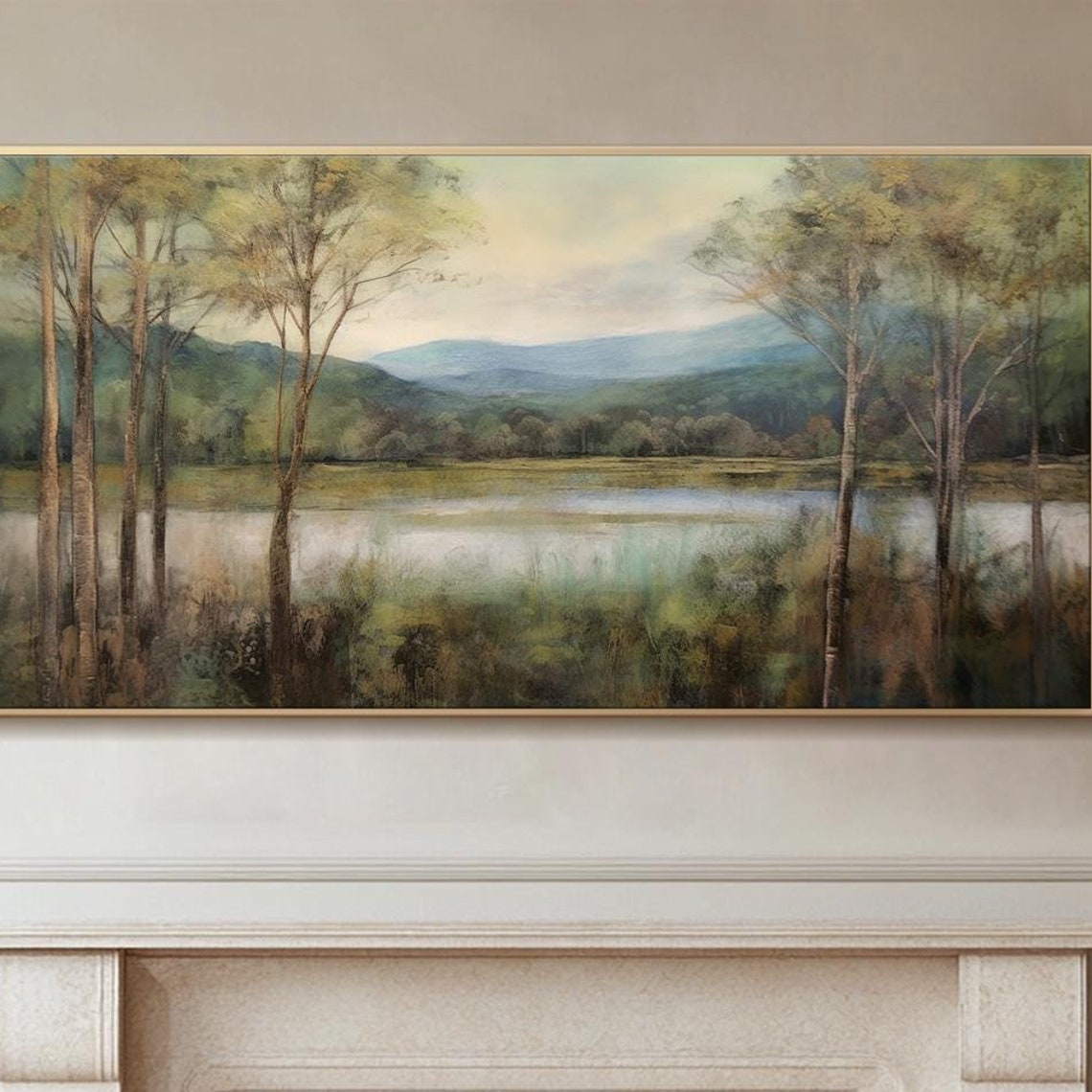 Serene Spring Lake With Trees And Misty Mountains Landscape Print
