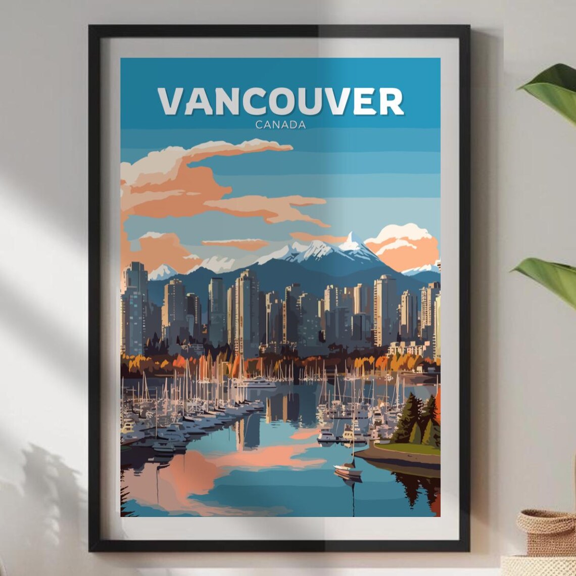 Vancouver Canada Skyline Harbor Mountain Sunset Travel Poster