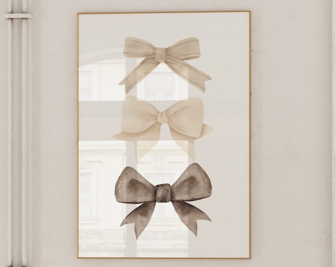 Neutral Beige Bows Trio Watercolor Ribbon Coquette Trendy Wall Art - Image 3