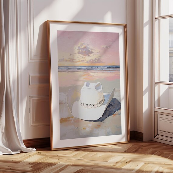 Coastal Cowgirl White Hat on Beach Sunset Pastel Summer Wall Art